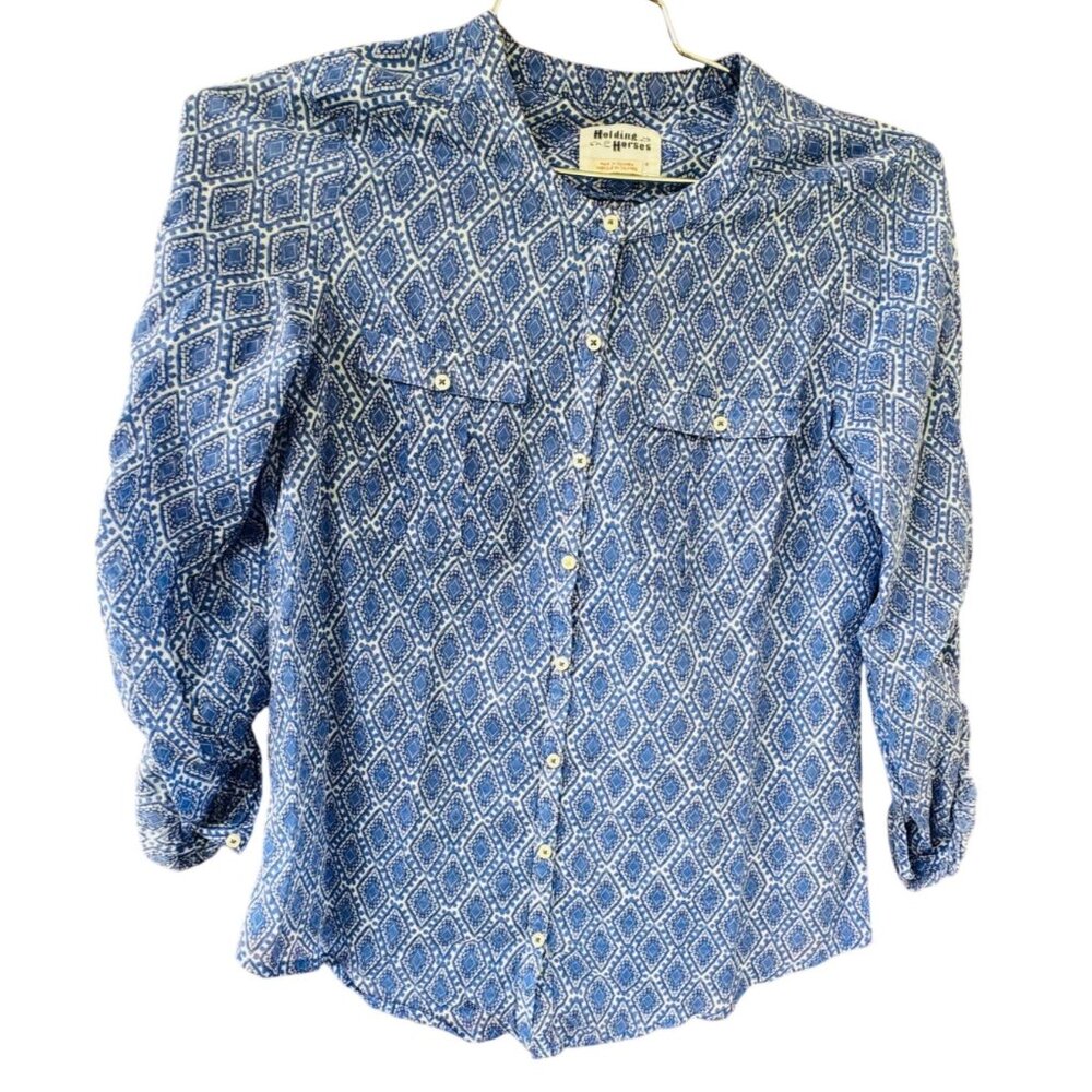 Holding Horses Anthropologie Size 4 Zellige Blue Geometric Button Down Shirt